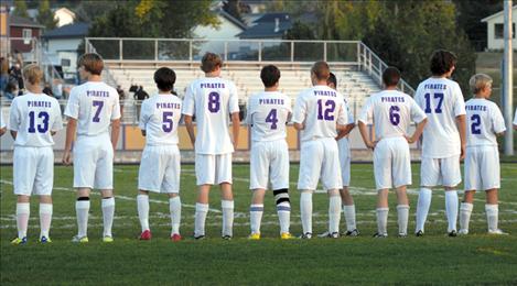 The Polson Pirates face the bleachers as they’re introduced before the Whitefish game on Sept.27. A small squad, the Pirate boys play hard and never give up, according to head coach Jess Kittle.  