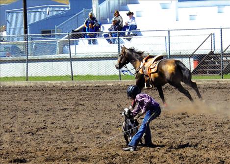 Hailey Weible, a junior high rodeo competitor, ties her goat at the Polson High School rodeo.