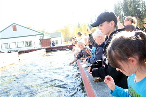wenty five K-6 Valley View students help feed rainbow trout at the Jocko River Fish Hatchery during a field trip to the facility Oct. 10.