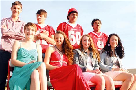 Arlee Homecoming royalty from back, left are: Parker Holz, King Riley Rogers, Chance No Runner Brazill, PJ Haynes; front: Katelyn Revis, Alex Adams, Amelia North, and Queen Violet Pablo.