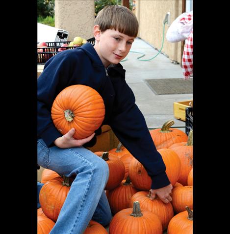 Caleb Mohler, 10, sorts the pumpkins he wants to sell at the Arlee Fall Festival.  