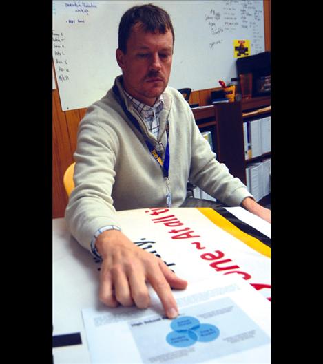 Polson High School  Principal Rex Weltz  points to a diagram including CORE/Flex, one of the components Polson High School is using to improve the school.