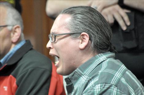 Makueeyapee Whitford, 32, screams out in song moments after a verdict is handed down convicting him of killing John Pierre, Jr., 28, in 2011. Whitford could face death or life in prison at a Feb. 25 sentencing. Whitford sang, cried, and shouted an obscenity at Pierre’s family members after the trial. 