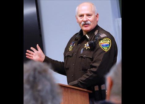 Lake County Sheriff Don Bell answers questions during a recent meeting of the Pachyderm Club in Polson.