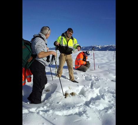 Lake County Search and Rescue members Chris McGuinness, left, Chris Moldenhauer and Bill Merritt look for evidence and tracks during a training on Jan. 17. 