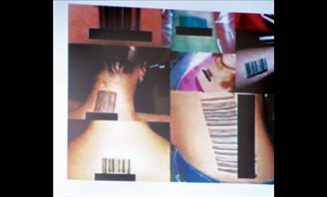 Photographs of young women with bar code tattoos in Katharina Werner’s presentation emphasize the dehumanizing effects of human trafficking. 