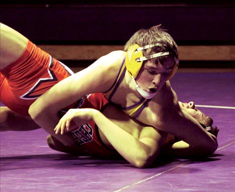 Pirate Colton Cote overpowers his challenger at the duals event.Pirate junior Tele Seemann pins Ronan opponent at Polson’s home-hosted meet. Seemann has enjoyed a dominating season having only lost a single conference match.