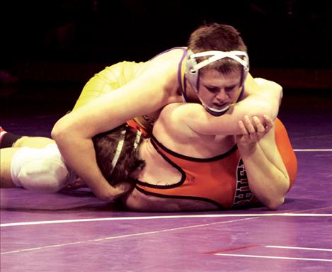 Pirate junior Tele Seemann pins Ronan opponent at Polson’s home-hosted meet. Seemann has enjoyed a dominating season having only lost a single conference match.