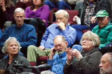 Audience members interact with attorneys giving a presentation about the proposed Confederated Salish and Kootenai Tribes Water Compact on Thursday night at Salish Kootenai College.