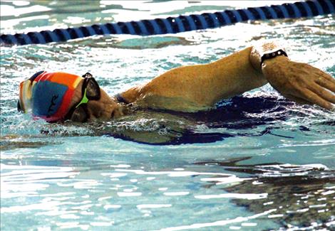 Lake Monster Treasa Glinnwater makes her way accross the pool in the 200 yard freestyle event.