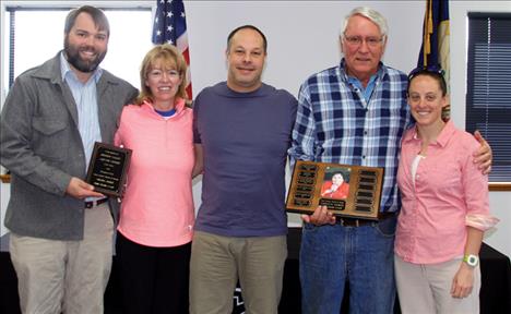 Mission Valley Aquatics Center staff and board members accept the 2015 Virginia Reber Public Health Award. From left are James Lapotka, left, board member; Sharon Murphy, office coordinator; Jeff Smith, assistant aquatic director; Matthew Waterman, board member; and Ali Bronsdon, aquatic director.