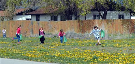 Looking to fill up their bags with trash, young volunteeers scan a vacant field during Polson’s ‘Clean Up Green Up’ event last weekend.