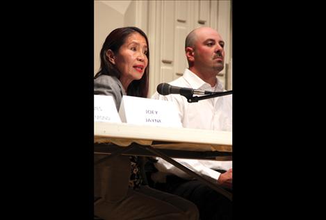 Candidate Joey Jayne answers a question about orders of protection at the Justice of the Peace forum held on Oct. 16. Daryl Kerr sits to Jayne’s left. DOVES and the Valley Journal sponsored another forum Tuesday at the Hangin’ Art Gallery in Arlee.