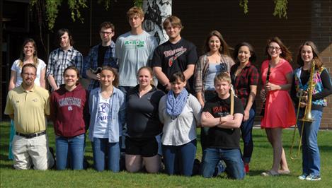 Students attending State Musical Festival with Rich Sawyer, Polson Bands Director, left, front row, are Sophia Sisler, Olivia Hewston, Kania Smith, Kaylonna Fischer, Brady Vance. Students in the back row (from left) are Sarah Rausch, Cosmo Garza, Austin Martinez, Eric Matt, Russell Matt, Lydia Dupuis, Tyra Rucker-Huitt, Malysa Lamphere and Sierra Garcia. Not pictured are: Hannah Hobbs, Jordan Broussard, Jordyn Turner, Jake Allen, Marita GrowingThunder, Mia Hobbs, Amber Clarke, Danny DiGiallonardo, Katie Hedeen and Brenna McGuinness.