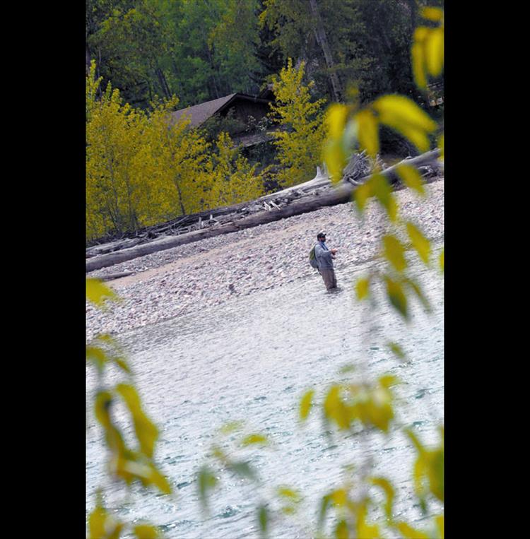 Braving the newly melted waters in Glacier Park, a committed fisherman stands strong in the frigid river. 