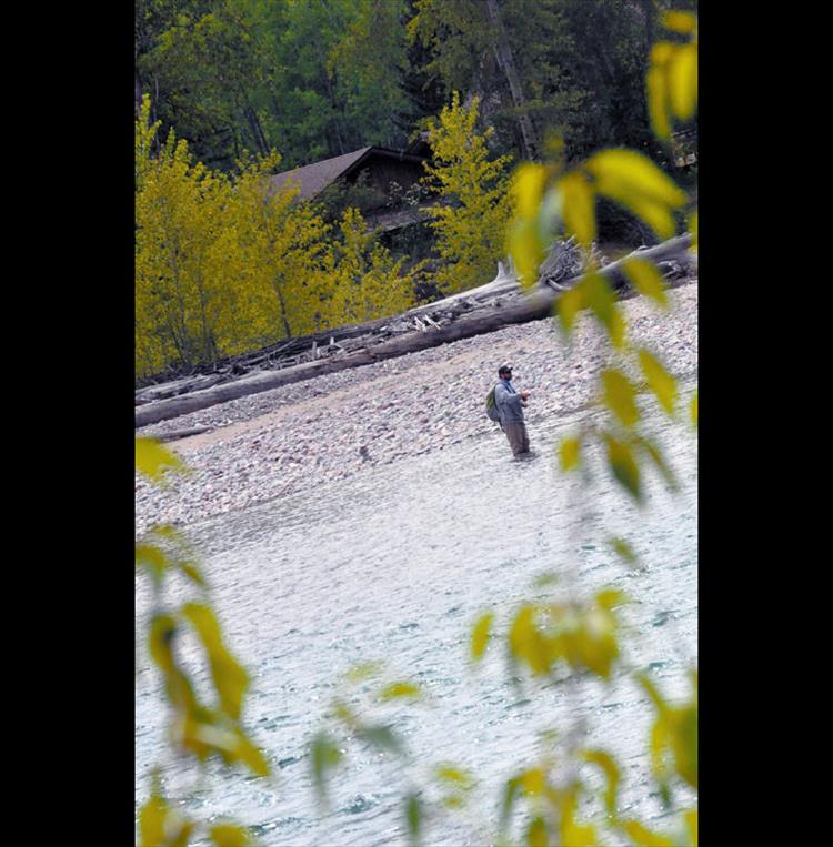 Braving the newly melted waters in Glacier Park, a committed fisherman stands strong in the frigid river.
