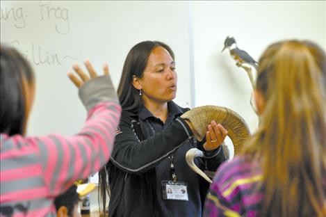 Confederated Salish and Kootenai Biologist Stephanie Gillin shows students a bighorn sheep horn. 