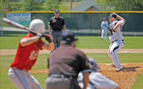 Melea Burke/Valley Journal Micah McClure lets one fly from the mound during Sunday’s opener. McClure struck out four Lakers batters but gave up eight hits in the first-round loss. 