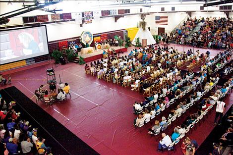 Graduates and guests fill the Joe McDonald Fitness Center Saturday, June 6, for the 2015 Salish Kootenai College graduation ceremony.