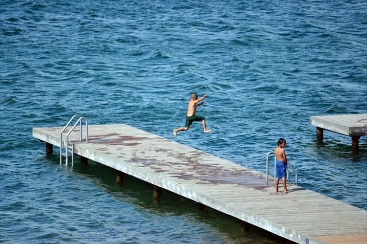 Jumping into lake