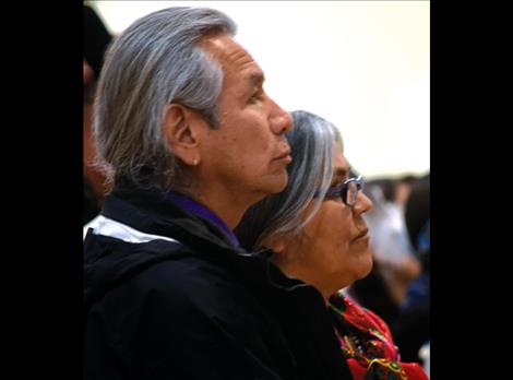 Tribal Council Chairman Vernon Finley and Tribal Council Represenative Patty Stevens watch a video about the dam.