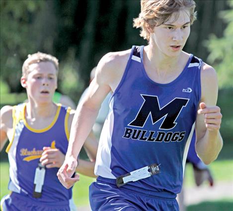 Mission harrier Tate Weingart placed 15th at the Ronan Invitational, just behind Ronan’s Jackson Duffey in 14th.