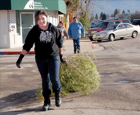 Denny Pourier drags a Christmas tree to its new home on Ronan’s Main Street. Sunshine and warm weather made it fun community service for all the Kicking Horse Job Corp students.