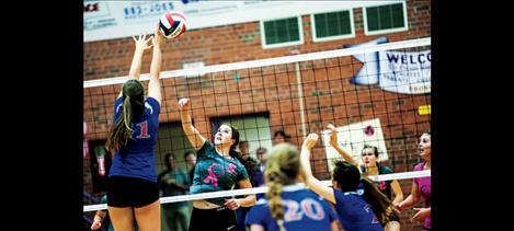 Lady Pirate  Nichole Lake,  No. 9, sends  a kill past the hands  of a defender in a recent home game.  Coach Patricia Luetzen called Lake and her senior  teammates  “a class act.” 