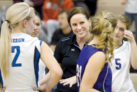 Polson head coach Jan Toth instructs the “Lights” during the all-star volleyball game.