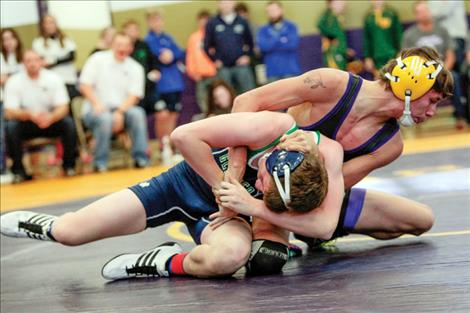 Pirate freshman wrestler Renee Pierre wrestles Glacier’s Caden Willis. Later in the day, Pierre would earn a first place pin against Sentinel’s Dakota Thomas in the 103 championship round.
