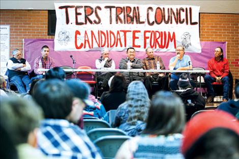 Confederated Salish and Kootenai Tribal Election candidates answer questions during a forum hosted by Two Eagle River students. 
