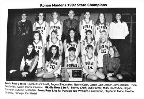 The 1992 state champion Maiden squad included, front row from left: Manager Niki Webster, Carol Irvine, Stephanie Irvine, Heather Grainey and Manager Kari Bartel. Middle row, from left: Stormy Cheff, Jodi Horner, Misty Chief Stick, Megan Tameler, Autumn DesJarlais. Back row from left: Coach Kris Schmitt, Angela Sheumaker, Naomi Cook, Coach Gale Decker, Jami Jackson, Tricia DesJarlais and Coach Janelle Garrison.