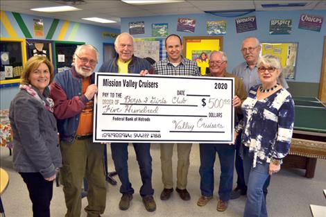 The Mission Valley Cruisers donate $500 to the Boys and Girls Club of the Flathead Reservation and Lake County. Pictured from left are Michal Delgado, Boys and Girls Club board secretary; Richard Santorno, Valley Cruisers president; Hal Folts, Valley Cruisers member; Aric Cooksley, Boys and Girls Club director; John Moon, Valley Cruisers treasurer/secretary; Mike Lee, Valley Cruisers vice-president; and Sherlee Santorno, RSVP volunteer coordinator.