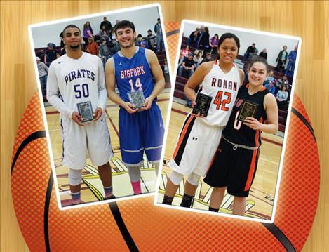 Kent Luetzen/Valley Journal Julian Jones, Jonathon Landon, Lee Camel, and Micalann McCrea, from left, recieve awards for being MVP’s of the 2016 Mission Mountain All-Star basketball games. 