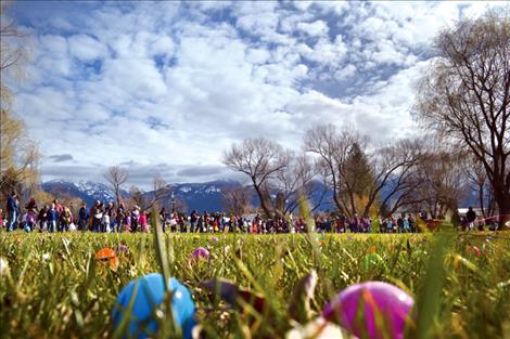 Plastic eggs glow in the morning light at Bockman Park in Ronan.