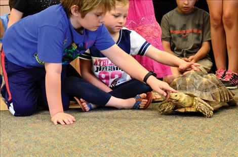 Abner visits with Linderman Elementary School students.