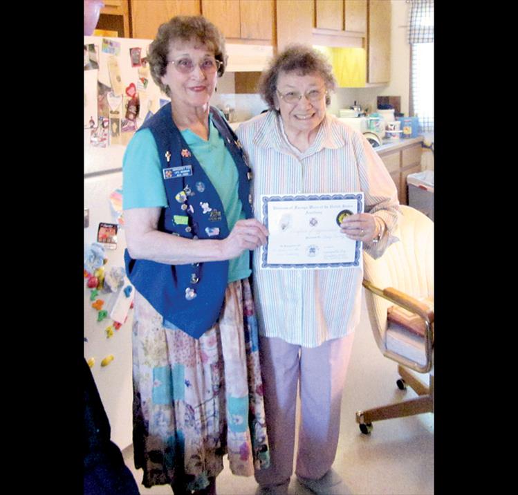 On May 8, VFW Auxiliary 5652 President Margaret Fay had the honor to present Gladys Disney of Polson a 60-year VFW Auxiliary membership pin, patch and Certificate of Appreciation. Gladys turned 94 years old this week. The auxiliary will purchase Gladys a life membership.