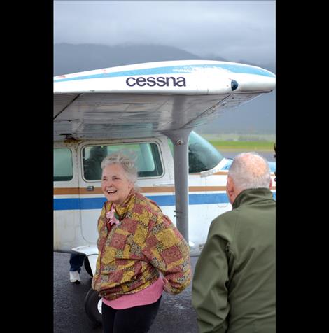 Lorene Pollock is all smiles after flying over MIssion Valley a day before her 79th birthday.