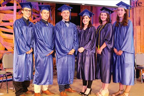 Mission Valley Christian Academy graduates Brady Shipley, Nick and Jake Windauer, Bailey Conrad, Rachel Maddy and Liz Hanke, from left, turned their tassels May 20.