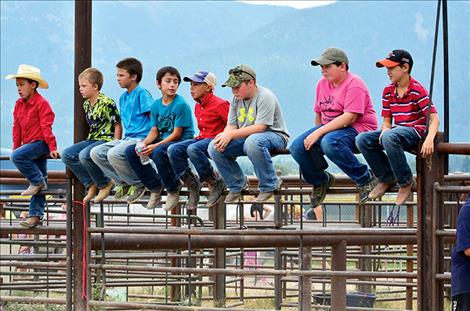 Children watch young rodeo contestants compete in the sheep riding contest.
