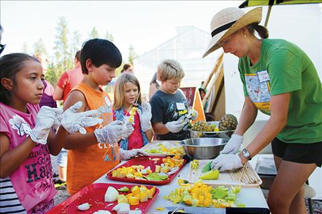 Farmer Amy Harvey helps Carla Baker, Dante Baltz, Arlonna Christopher, and Kalven Christopher make shish-kebobs at one of the stations of the garden dinner.