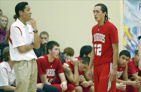 Head coach JR Camel talks with his nephew and point guard Zach Camel during Arlee's game against Two Eagle.