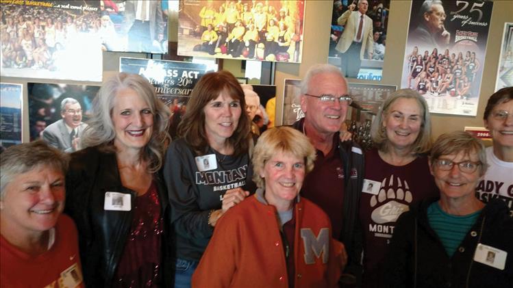 Three members of the 1978 Lady Pirates (then “Pirateers”) varsity basketball team joined more than 100 former Lady Griz basketball players who honored University of Montana Lady Griz Coach Robin Selvig on Friday, Oct. 14. Selvig announced in July that he plans to retire. Pictured left to right are Annette Whitaker Rochleau, retired former Lady Griz assistant coach; 1978 Lady Pirate Kim Christopher; Sandy Selvig Sullivan, Rob’s sister; Lindi Ash; Coach Robin Selvig; Linda Deden Smith, 1978 Lady Pirate Peg Havlovick; and Jill Greenfield, a walk-on who became the Lady Griz point guard. Also there but not pictured is 1978 Lady Pirate Ruth Fugleberg Hinther.