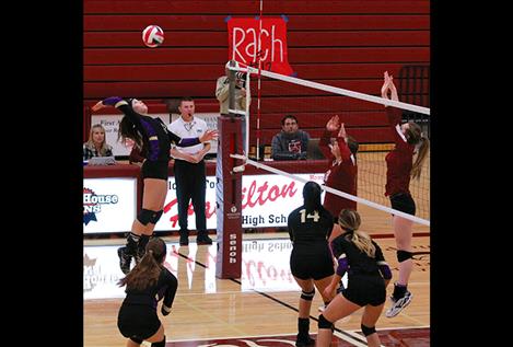 Polson’s Haley Fyant goes up for one of 23 kills on the match with teammates Hannah Fryberger, Lauren Lefthand and Kaelyn Smith.