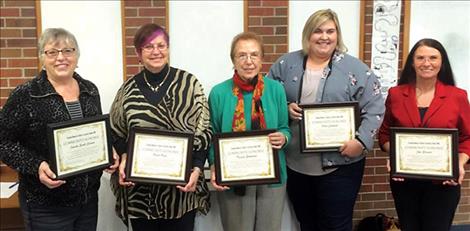 SAFE Harbor’s 2016 honorees include, from left, Juanita Small Salmon, Olivia Olsen, Traudle Stockstad, Kellie Caldbeck and Dr. Jera Stewart. Also honored is Joanna Browning.