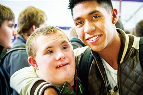 Dothan Stein and Omar Perez buddy up during the Respect Rally Feb. 7 at Polson High School.