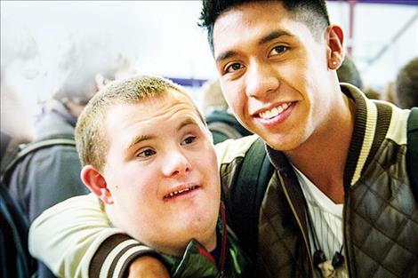 Dothan Stein and Omar Perez buddy up during the Respect Rally Feb. 7 at Polson High School.