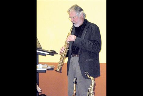 Wilbur Rehmann, a jazz musician from Helena, plays the saxophone at last week’s Montana Humanities event at North Lake County Public Library.