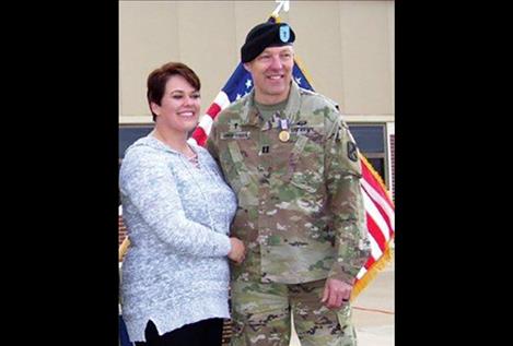 U.S. Army Chaplain Captain Matthew Christensen stands with his mother, Sue (Decker) Heppner of Polson, after receiving the Soldier’s Medal on March 14.