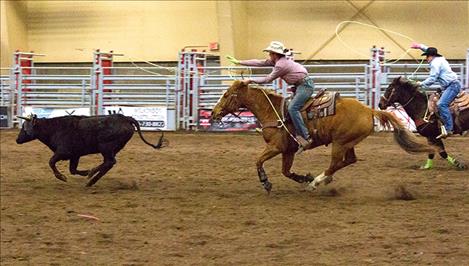 Team ropers Willy Lytton and Taylor Harris chase down a steer in Kalispell’s Majestic Arena March 18.